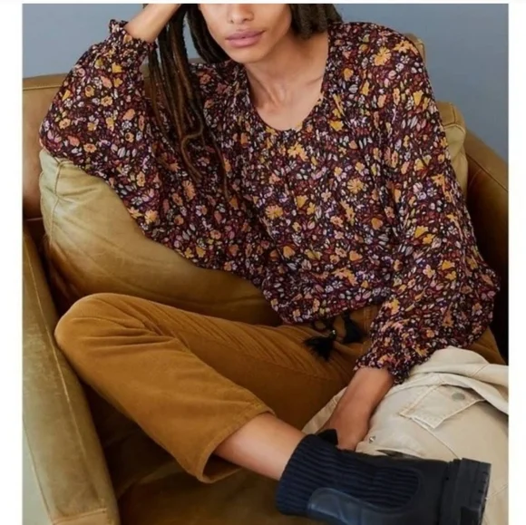 Womens Anthropologie Multicolor Floral Blouse W/ Bell Sleeve, Sheer, Sz SM - Picture 2 of 11